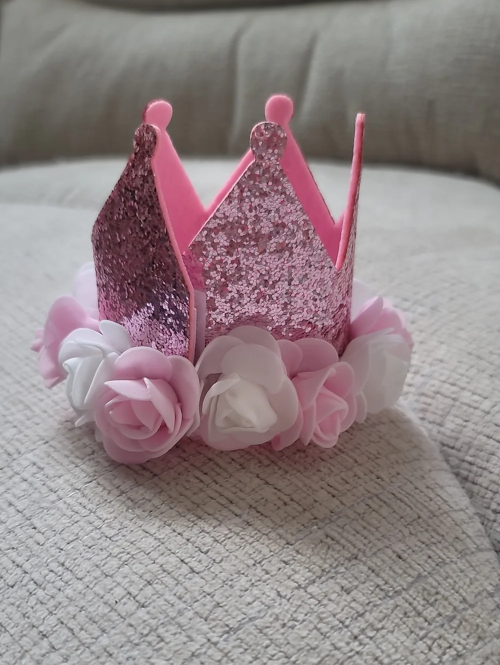 Pink Glitter Birthday Crown with Floral Trim